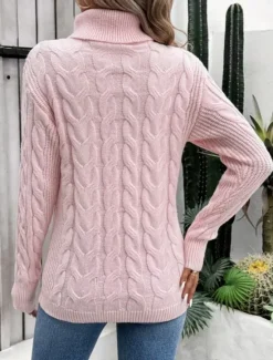 Sale Women's Sweater Casual Soft Pure Color Cable Turtleneck Knitted Long Sleeve Regular Tops Knit Outdoor Daily Weekend Pink Khaki Fall Winter Women Pullovers & Tops
