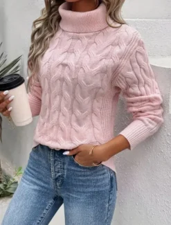 Sale Women's Sweater Casual Soft Pure Color Cable Turtleneck Knitted Long Sleeve Regular Tops Knit Outdoor Daily Weekend Pink Khaki Fall Winter Women Pullovers & Tops