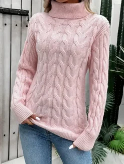 Sale Women's Sweater Casual Soft Pure Color Cable Turtleneck Knitted Long Sleeve Regular Tops Knit Outdoor Daily Weekend Pink Khaki Fall Winter Women Pullovers & Tops