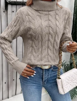 Sale Women's Sweater Casual Soft Pure Color Cable Turtleneck Knitted Long Sleeve Regular Tops Knit Outdoor Daily Weekend Pink Khaki Fall Winter Women Pullovers & Tops