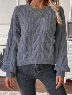 Hot Women's Sweater Casual Soft Pure Color Cable Crew Neck Knitted Long Sleeve Regular Tops Knit Outdoor Daily Weekend Khaki Gray Fall Winter Women Pullovers & Tops