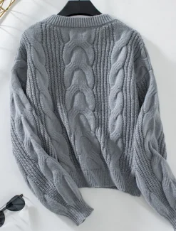 Hot Women's Sweater Casual Soft Pure Color Cable Crew Neck Knitted Long Sleeve Regular Tops Knit Outdoor Daily Weekend Khaki Gray Fall Winter Women Pullovers & Tops