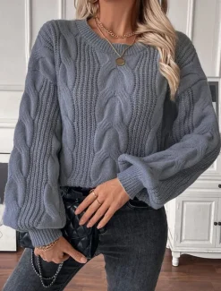 Hot Women's Sweater Casual Soft Pure Color Cable Crew Neck Knitted Long Sleeve Regular Tops Knit Outdoor Daily Weekend Khaki Gray Fall Winter Women Pullovers & Tops