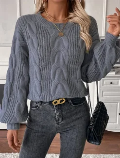 Hot Women's Sweater Casual Soft Pure Color Cable Crew Neck Knitted Long Sleeve Regular Tops Knit Outdoor Daily Weekend Khaki Gray Fall Winter Women Pullovers & Tops