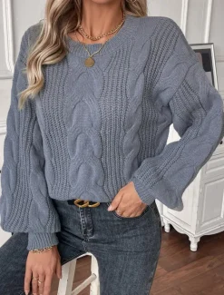 Hot Women's Sweater Casual Soft Pure Color Cable Crew Neck Knitted Long Sleeve Regular Tops Knit Outdoor Daily Weekend Khaki Gray Fall Winter Women Pullovers & Tops
