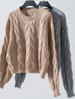 Hot Women's Sweater Casual Soft Pure Color Cable Crew Neck Knitted Long Sleeve Regular Tops Knit Outdoor Daily Weekend Khaki Gray Fall Winter Women Pullovers & Tops