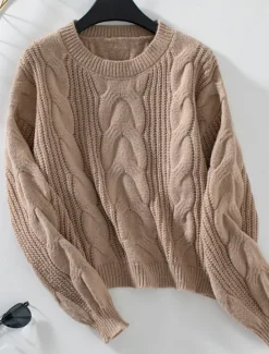 Hot Women's Sweater Casual Soft Pure Color Cable Crew Neck Knitted Long Sleeve Regular Tops Knit Outdoor Daily Weekend Khaki Gray Fall Winter Women Pullovers & Tops