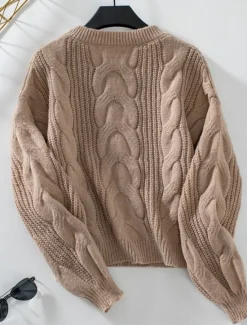Hot Women's Sweater Casual Soft Pure Color Cable Crew Neck Knitted Long Sleeve Regular Tops Knit Outdoor Daily Weekend Khaki Gray Fall Winter Women Pullovers & Tops
