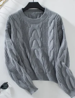 Hot Women's Sweater Casual Soft Pure Color Cable Crew Neck Knitted Long Sleeve Regular Tops Knit Outdoor Daily Weekend Khaki Gray Fall Winter Women Pullovers & Tops