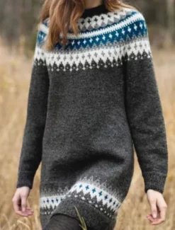 Clearance Women's Sweater Casual Soft Geometric Ribbed Crew Neck Knitted Print Long Sleeve Long Tops Knit Outdoor Daily Weekend Black Navy Blue Fall Winter Women Pullovers & Tops