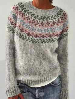 Discount Women's Sweater Casual Soft Geometric Ribbed Crew Neck Knitted Print Long Sleeve Regular Tops Knit Outdoor Daily Weekend Green Dark Gray Fall Winter Women Pullovers & Tops