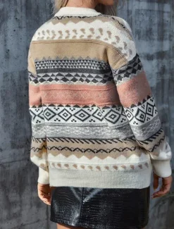 Sale Women's Sweater Casual Soft Geometric Ribbed Crew Neck Knitted Long Sleeve Regular Tops Knit Outdoor Daily Weekend Pink Red Fall Winter Women Pullovers & Tops