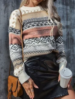 Sale Women's Sweater Casual Soft Geometric Ribbed Crew Neck Knitted Long Sleeve Regular Tops Knit Outdoor Daily Weekend Pink Red Fall Winter Women Pullovers & Tops