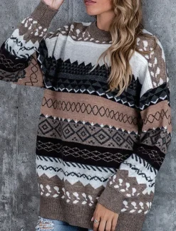Sale Women's Sweater Casual Soft Geometric Ribbed Crew Neck Knitted Long Sleeve Regular Tops Knit Outdoor Daily Weekend Pink Red Fall Winter Women Pullovers & Tops