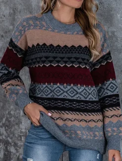 Sale Women's Sweater Casual Soft Geometric Ribbed Crew Neck Knitted Long Sleeve Regular Tops Knit Outdoor Daily Weekend Pink Red Fall Winter Women Pullovers & Tops