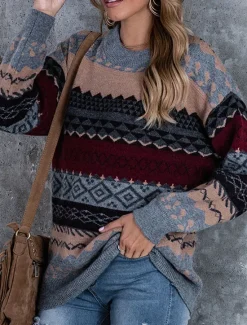 Sale Women's Sweater Casual Soft Geometric Ribbed Crew Neck Knitted Long Sleeve Regular Tops Knit Outdoor Daily Weekend Pink Red Fall Winter Women Pullovers & Tops