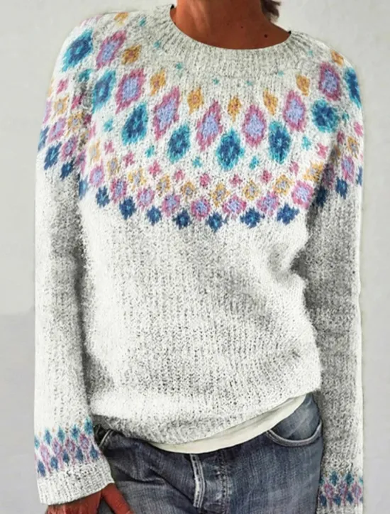 Best Women's Sweater Casual Soft Geometric Ribbed Crew Neck Knitted Long Sleeve Regular Tops Knit Outdoor Daily Weekend White Yellow Fall Winter Women Pullovers & Tops