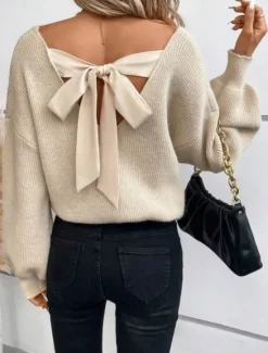 Sale Women's Sweater Casual Soft Pure Color Ribbed V Neck Open Back Knitted Long Sleeve Regular Tops Knit Outdoor Daily Weekend Black Royal Blue Fall Winter Women Pullovers & Tops