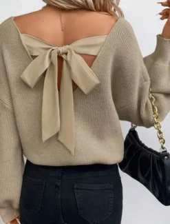 Sale Women's Sweater Casual Soft Pure Color Ribbed V Neck Open Back Knitted Long Sleeve Regular Tops Knit Outdoor Daily Weekend Black Royal Blue Fall Winter Women Pullovers & Tops