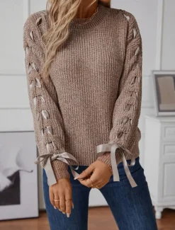 Discount Women's Sweater Casual Soft Pure Color Ribbed Crew Neck Patchwork Knitted Long Sleeve Regular Tops Knit Outdoor Daily Weekend Pink Khaki Fall Winter Women Pullovers & Tops