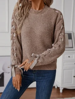 Discount Women's Sweater Casual Soft Pure Color Ribbed Crew Neck Patchwork Knitted Long Sleeve Regular Tops Knit Outdoor Daily Weekend Pink Khaki Fall Winter Women Pullovers & Tops