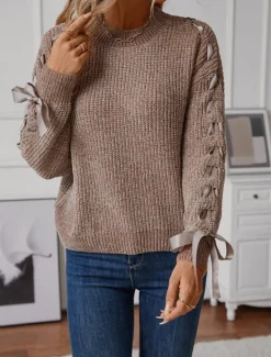 Discount Women's Sweater Casual Soft Pure Color Ribbed Crew Neck Patchwork Knitted Long Sleeve Regular Tops Knit Outdoor Daily Weekend Pink Khaki Fall Winter Women Pullovers & Tops