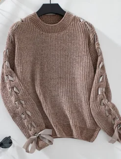 Discount Women's Sweater Casual Soft Pure Color Ribbed Crew Neck Patchwork Knitted Long Sleeve Regular Tops Knit Outdoor Daily Weekend Pink Khaki Fall Winter Women Pullovers & Tops