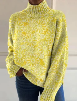 Best Women's Sweater Casual Soft Floral Ribbed Turtleneck Knitted Long Sleeve Regular Tops Knit Outdoor Daily Weekend Yellow Blue Fall Winter Women Pullovers & Tops