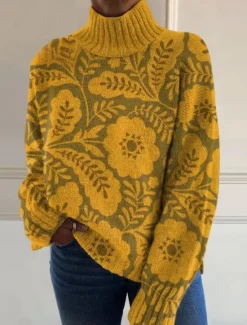 Best Women's Sweater Casual Soft Floral Ribbed Turtleneck Knitted Long Sleeve Regular Tops Knit Outdoor Daily Weekend Yellow Blue Fall Winter Women Pullovers & Tops