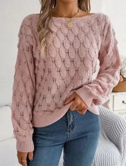 Clearance Women's Sweater Casual Soft Pure Color Crochet Crew Neck Knitted Hole Long Sleeve Regular Tops Knit Outdoor Daily Weekend Pink Blue Fall Winter Women Pullovers & Tops