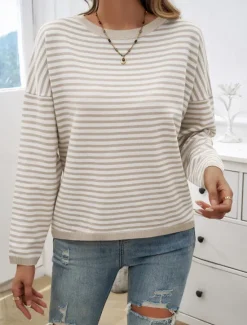 Discount Women's Sweater Casual Soft Striped Ribbed Crew Neck Knitted Long Sleeve Regular Tops Knit Outdoor Daily Weekend Fall Winter Women Pullovers & Tops