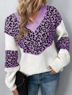Discount Women's Sweater Casual Soft Leopard Ribbed V Neck Knitted Long Sleeve Regular Tops Knit Outdoor Daily Weekend Pink Blue Fall Winter Women Pullovers & Tops