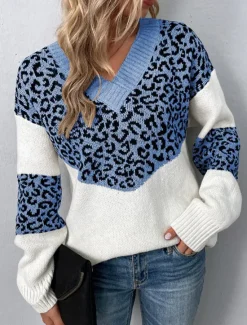 Discount Women's Sweater Casual Soft Leopard Ribbed V Neck Knitted Long Sleeve Regular Tops Knit Outdoor Daily Weekend Pink Blue Fall Winter Women Pullovers & Tops