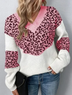 Discount Women's Sweater Casual Soft Leopard Ribbed V Neck Knitted Long Sleeve Regular Tops Knit Outdoor Daily Weekend Pink Blue Fall Winter Women Pullovers & Tops