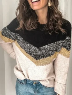 Sale Women's Sweater Casual Soft Geometric Ribbed Crew Neck Knitted Long Sleeve Regular Tops Knit Outdoor Daily Weekend Black Brown Fall Winter Women Pullovers & Tops