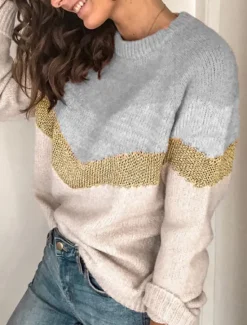 Sale Women's Sweater Casual Soft Geometric Ribbed Crew Neck Knitted Long Sleeve Regular Tops Knit Outdoor Daily Weekend Black Brown Fall Winter Women Pullovers & Tops