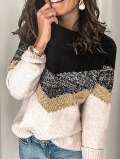 Sale Women's Sweater Casual Soft Geometric Ribbed Crew Neck Knitted Long Sleeve Regular Tops Knit Outdoor Daily Weekend Black Brown Fall Winter Women Pullovers & Tops