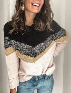 Sale Women's Sweater Casual Soft Geometric Ribbed Crew Neck Knitted Long Sleeve Regular Tops Knit Outdoor Daily Weekend Black Brown Fall Winter Women Pullovers & Tops