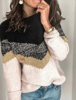 Sale Women's Sweater Casual Soft Geometric Ribbed Crew Neck Knitted Long Sleeve Regular Tops Knit Outdoor Daily Weekend Black Brown Fall Winter Women Pullovers & Tops