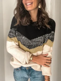 Sale Women's Sweater Casual Soft Geometric Ribbed Crew Neck Knitted Long Sleeve Regular Tops Knit Outdoor Daily Weekend Black Brown Fall Winter Women Pullovers & Tops