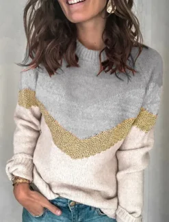 Sale Women's Sweater Casual Soft Geometric Ribbed Crew Neck Knitted Long Sleeve Regular Tops Knit Outdoor Daily Weekend Black Brown Fall Winter Women Pullovers & Tops
