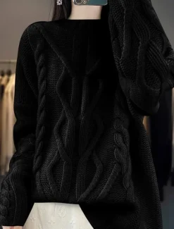 Sale Women's Sweater Casual Soft Pure Color Cable Stand Collar Knitted Long Sleeve Regular Tops Knit Outdoor Daily Weekend Black White Fall Winter Women Pullovers & Tops
