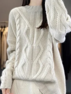 Sale Women's Sweater Casual Soft Pure Color Cable Stand Collar Knitted Long Sleeve Regular Tops Knit Outdoor Daily Weekend Black White Fall Winter Women Pullovers & Tops