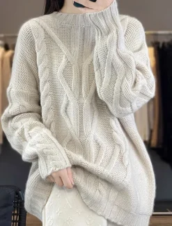 Sale Women's Sweater Casual Soft Pure Color Cable Stand Collar Knitted Long Sleeve Regular Tops Knit Outdoor Daily Weekend Black White Fall Winter Women Pullovers & Tops