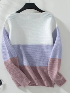 Women's Sweater Casual Soft Striped Ribbed Crew Neck Buttons Knitted Long Sleeve Regular Tops Knit Outdoor Daily Weekend Purple Brown Fall Winter Women Pullovers & Tops