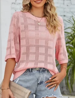 Hot Women's Sweater Casual Soft Pure Color Ribbed Crew Neck Knitted 3/4 Length Sleeve Regular Tops Knit Outdoor Daily Weekend White Pink Spring Fall Women Pullovers & Tops