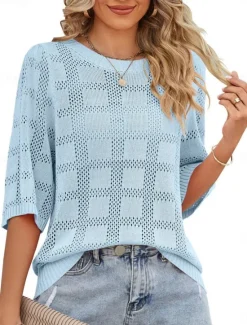 Hot Women's Sweater Casual Soft Pure Color Ribbed Crew Neck Knitted 3/4 Length Sleeve Regular Tops Knit Outdoor Daily Weekend White Pink Spring Fall Women Pullovers & Tops