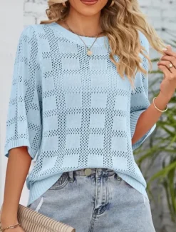 Hot Women's Sweater Casual Soft Pure Color Ribbed Crew Neck Knitted 3/4 Length Sleeve Regular Tops Knit Outdoor Daily Weekend White Pink Spring Fall Women Pullovers & Tops