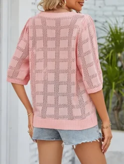Hot Women's Sweater Casual Soft Pure Color Ribbed Crew Neck Knitted 3/4 Length Sleeve Regular Tops Knit Outdoor Daily Weekend White Pink Spring Fall Women Pullovers & Tops