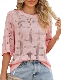Hot Women's Sweater Casual Soft Pure Color Ribbed Crew Neck Knitted 3/4 Length Sleeve Regular Tops Knit Outdoor Daily Weekend White Pink Spring Fall Women Pullovers & Tops